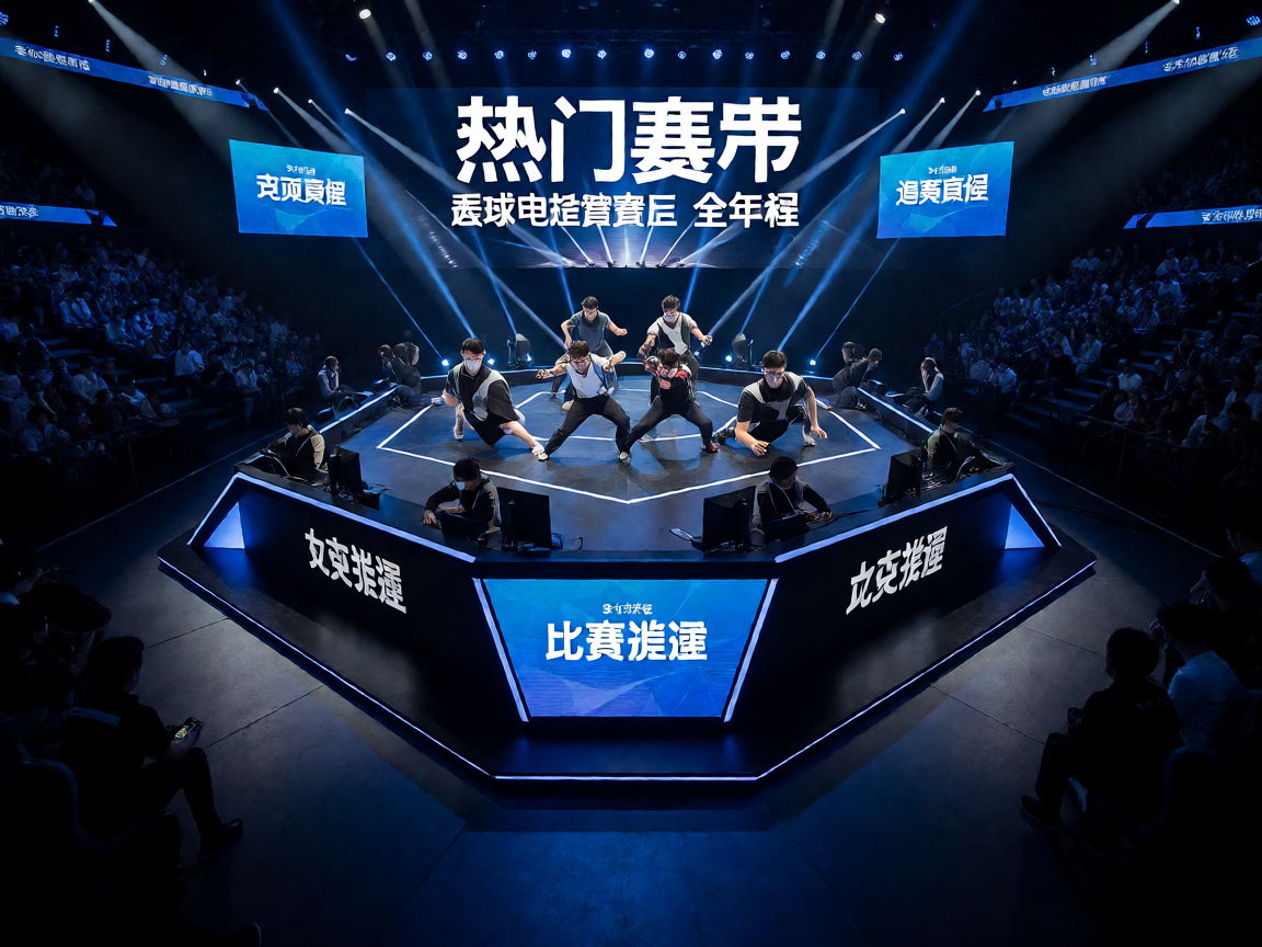 大型国际电竞赛事现场，选手在舞台中央激烈对战